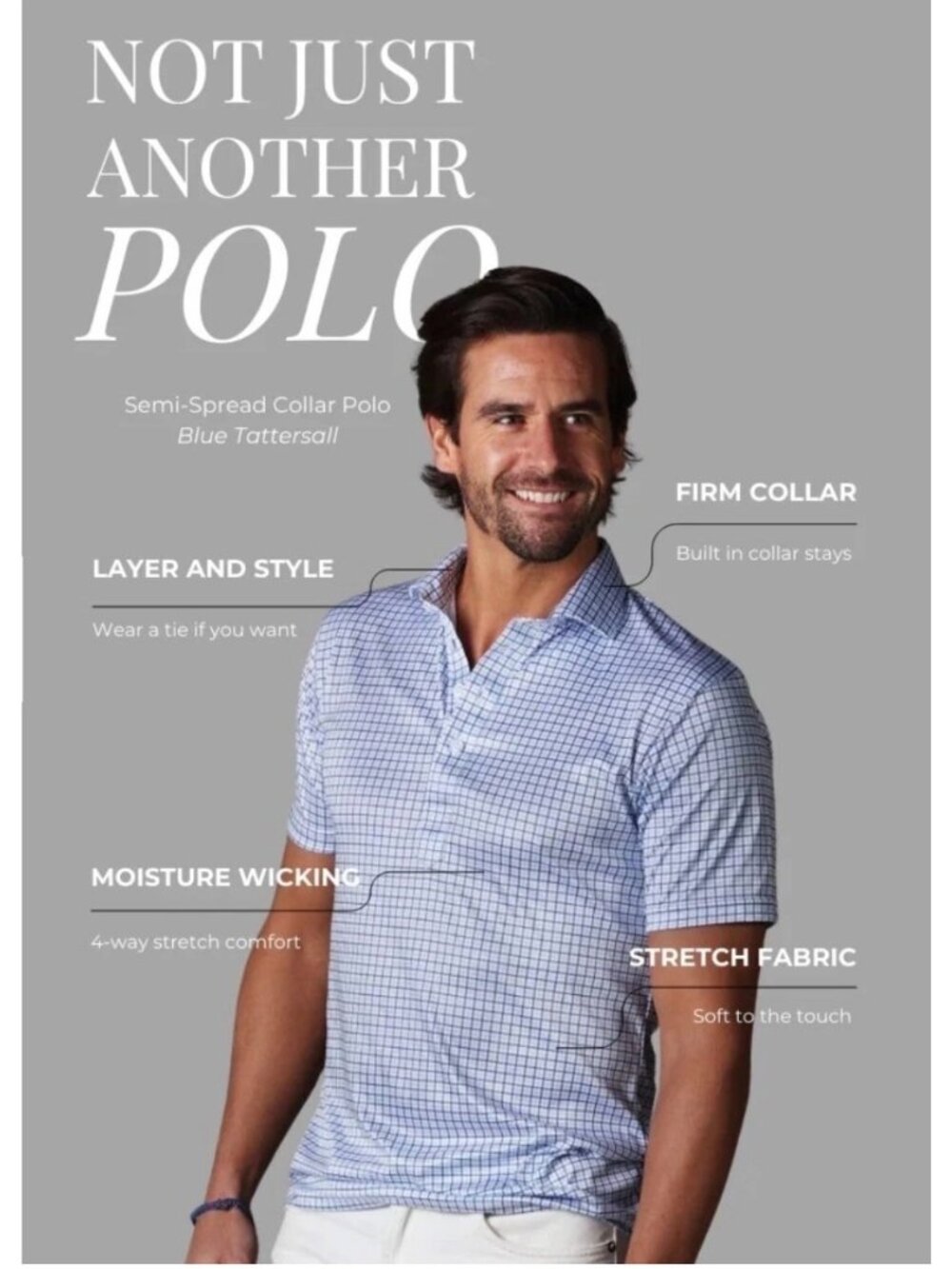 Collars & Co Mens Semi-Spread Collar Polo Blue Tattersall Moisture-Wicking Stret